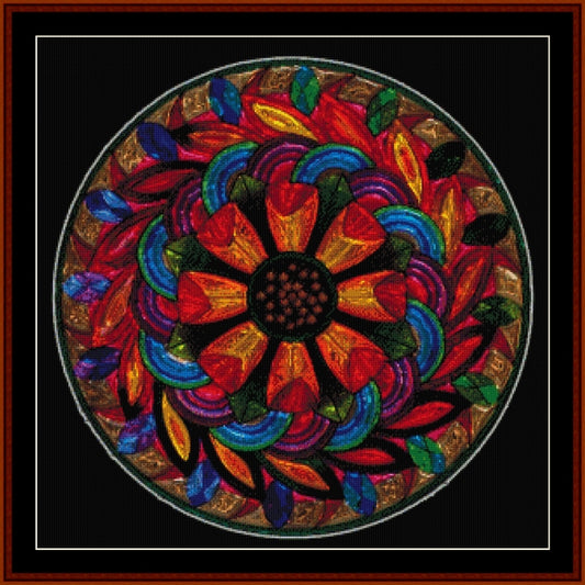 Colorful mandala Counted Cross Stitch Pattern by Cross Stitch Collectibles on a black background