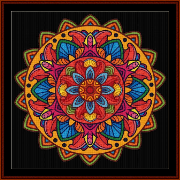 Colorful mandala Counted Cross Stitch Pattern by Cross Stitch Collectibles on a black background