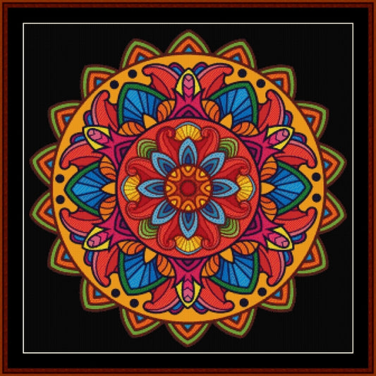 Colorful mandala Counted Cross Stitch Pattern by Cross Stitch Collectibles on a black background