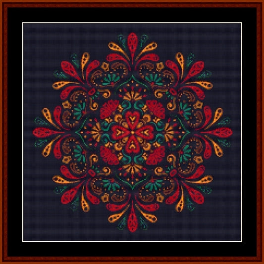 Colorful floral mandala Counted Cross Stitch Pattern by Cross Stitch Collectibles on a dark background