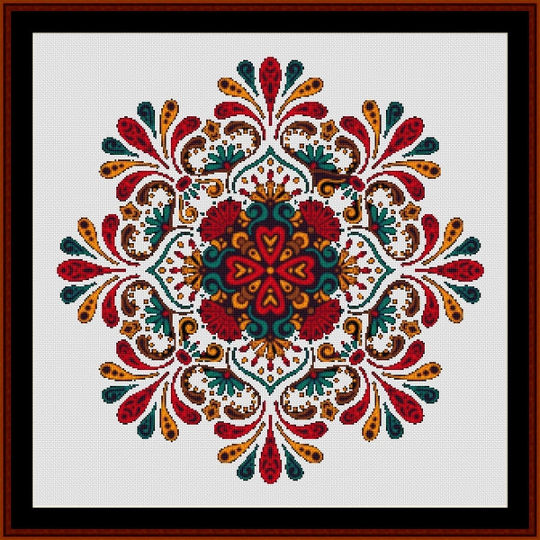 Decorative mandala Counted Cross Stitch Pattern by Cross Stitch Collectibles with colorful patterns on a white background