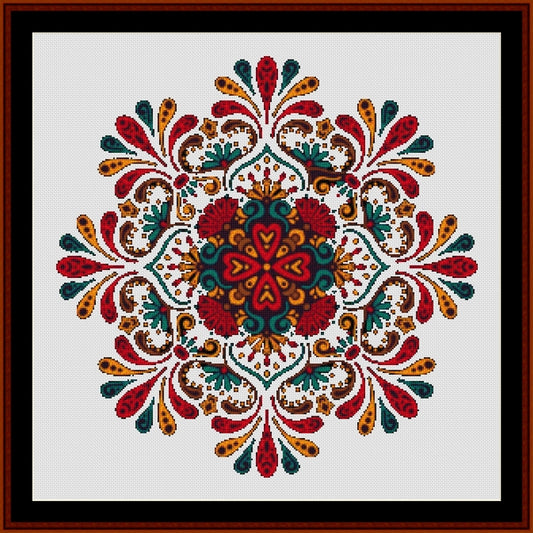 Decorative mandala Counted Cross Stitch Pattern by Cross Stitch Collectibles with colorful patterns on a white background