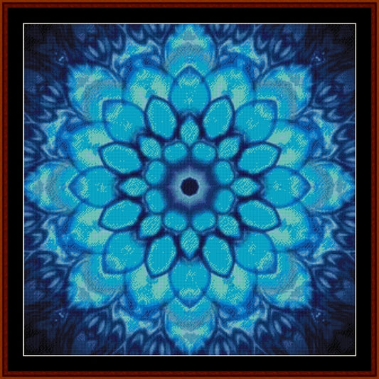 Blue mandala Counted Cross Stitch Pattern by Cross Stitch Collectibles on a dark background