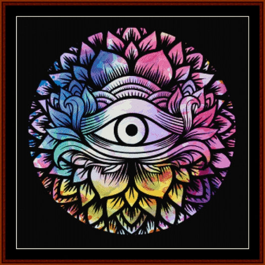 Colorful mandala Counted Cross Stitch Pattern by Cross Stitch Collectibles with an eye in the center on a black background