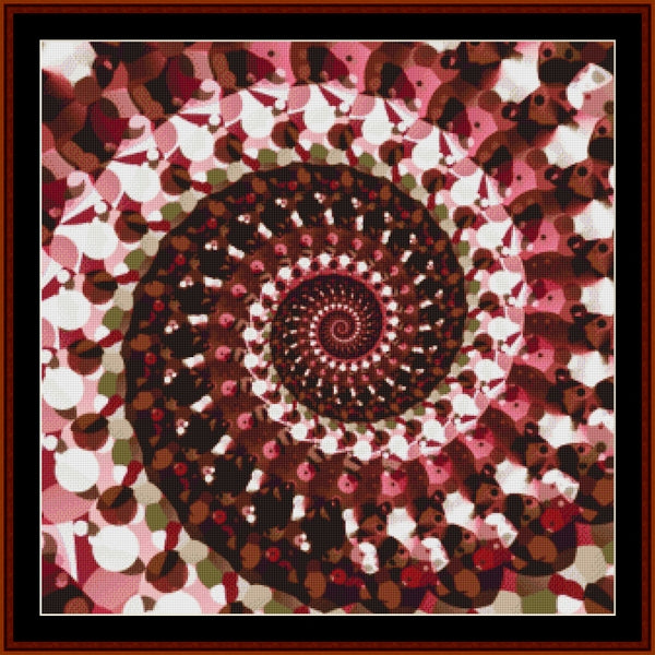 Mandala Counted Cross Stitch Pattern by Cross Stitch Collectibles with concentric circles in red, brown, and white on a pink background.
