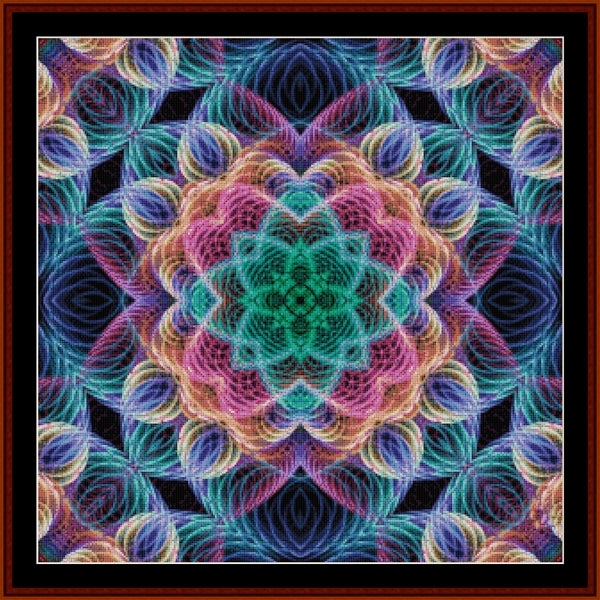 Colorful mandala Counted Cross Stitch Pattern by Cross Stitch Collectibles with a black background