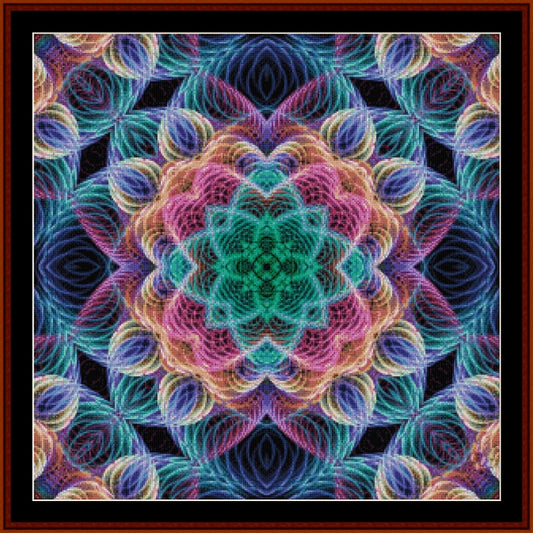 Colorful mandala Counted Cross Stitch Pattern by Cross Stitch Collectibles with a black background