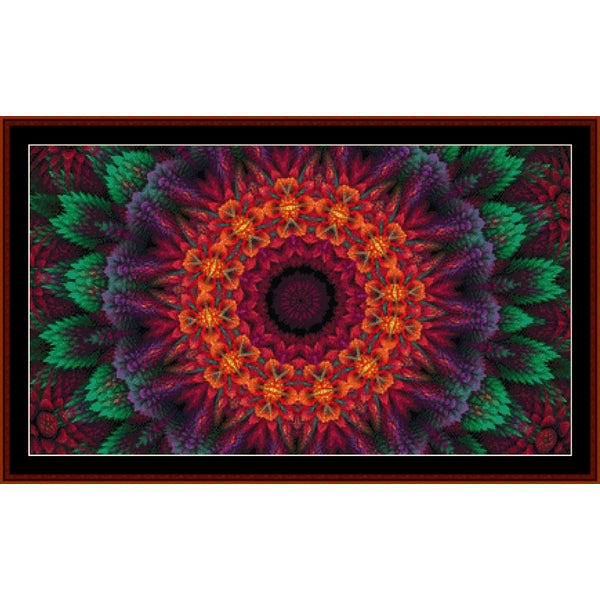 Colorful mandala Counted Cross Stitch Pattern by Cross Stitch Collectibles with concentric circles and leaf-like patterns 