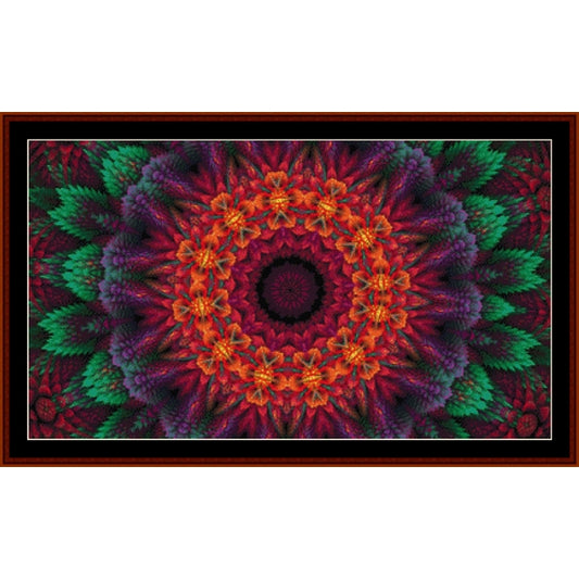 Colorful mandala Counted Cross Stitch Pattern by Cross Stitch Collectibles with concentric circles and leaf-like patterns 