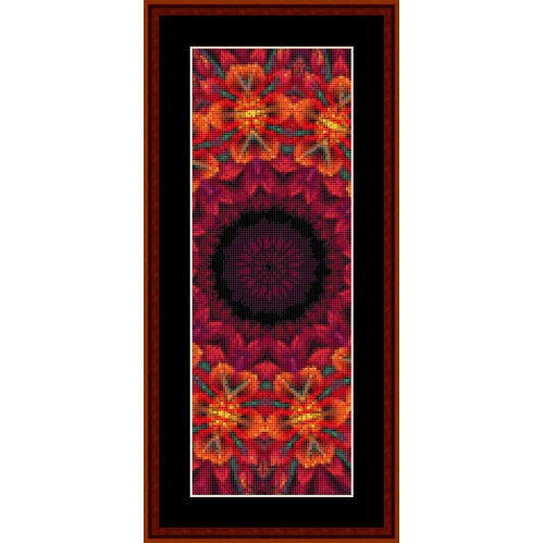 Framed abstract Counted Cross Stitch Pattern by Cross Stitch Collectibles with vibrant red and orange patterns