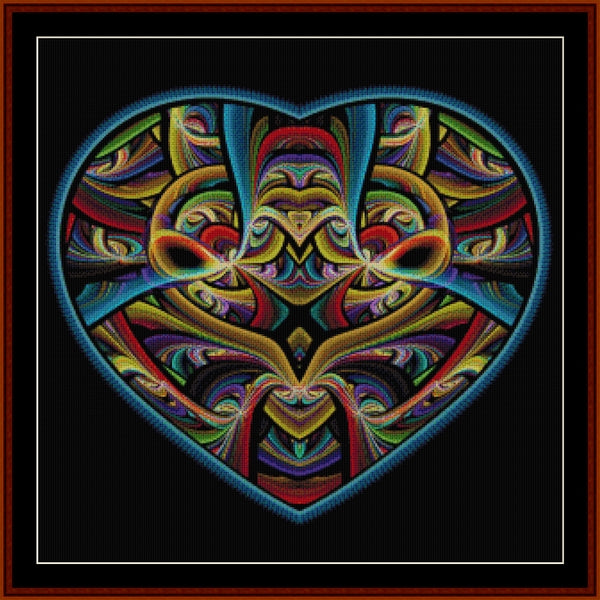 Colorful heart-shaped Counted Cross Stitch Pattern by Cross Stitch Collectibles with intricate patterns on a black background