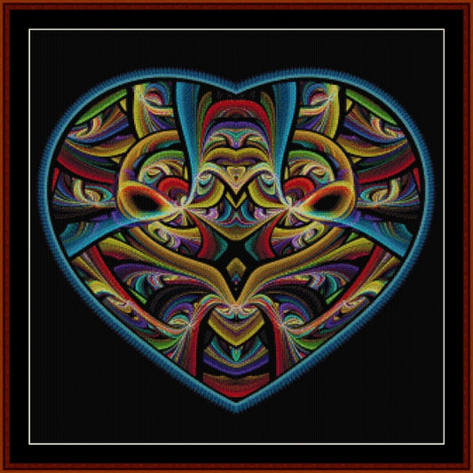 Colorful heart-shaped Counted Cross Stitch Pattern by Cross Stitch Collectibles with intricate patterns on a black background