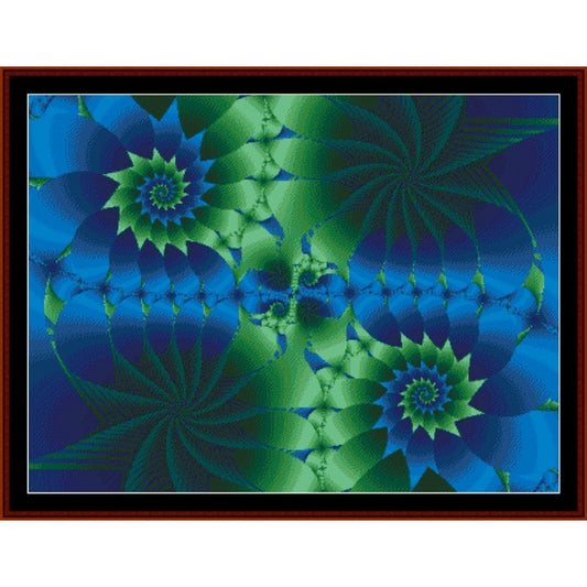 Counted Cross Stitch Pattern by Cross Stitch Collectibles of a blue and green fractal design.