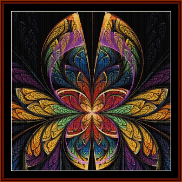 Colorful butterfly-like Counted Cross Stitch Pattern by Cross Stitch Collectibles with intricate design on a black background