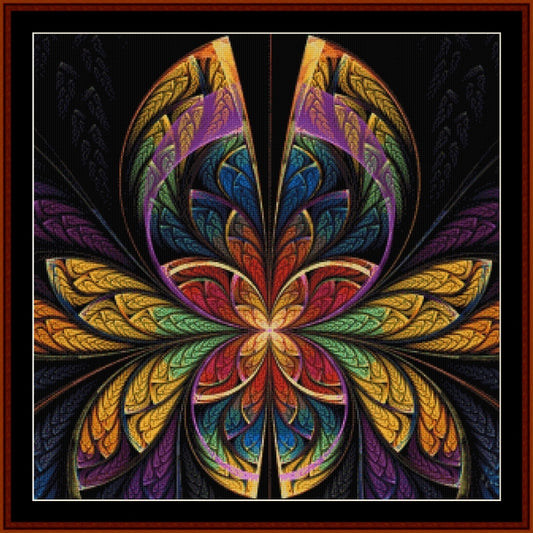 Colorful butterfly-like Counted Cross Stitch Pattern by Cross Stitch Collectibles with intricate design on a black background