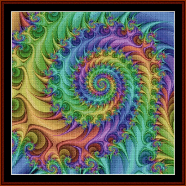 Colorful spiral fractal Counted Cross Stitch Pattern by Cross Stitch Collectibles with vibrant colors on a blue background