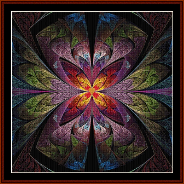 Colorful fractal Counted Cross Stitch Pattern by Cross Stitch Collectibles with a star-like pattern in a dark frame.