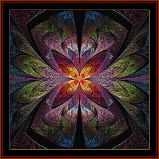 Colorful fractal Counted Cross Stitch Pattern by Cross Stitch Collectibles with a star-like pattern in a dark frame.