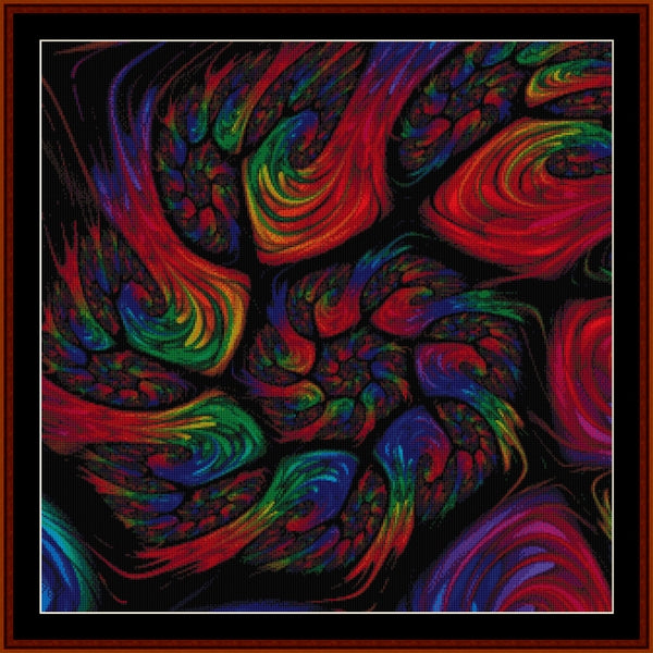 Colorful abstract Counted Cross Stitch Pattern by Cross Stitch Collectibles with swirling patterns on a black background