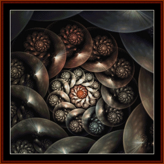 Counted Cross Stitch Pattern by Cross Stitch Collectibles of a spiral shell with a central orange dot, surrounded by other shells.