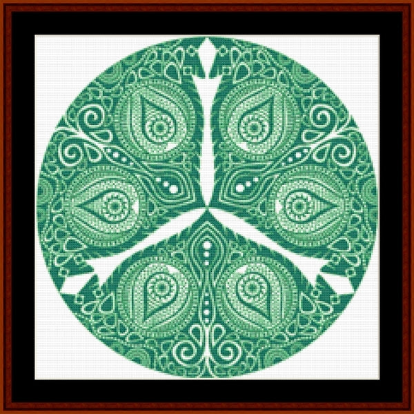 Decorative green and white paisley design in a circular pattern - Counted Cross Stitch Pattern by Cross Stitch Collectibles