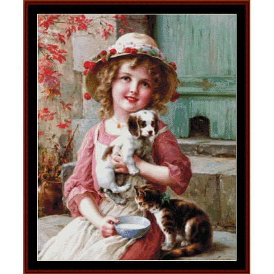 Vintage-style Counted Cross Stitch Pattern by Cross Stitch Collectibles of a girl with a dog and cat in a decorative setting