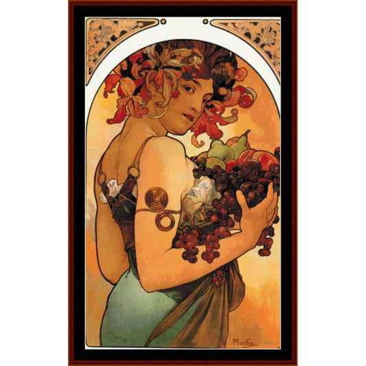 Art Nouveau-style Counted Cross Stitch Pattern by Cross Stitch Collectibles of a woman holding grapes with decorative frame
