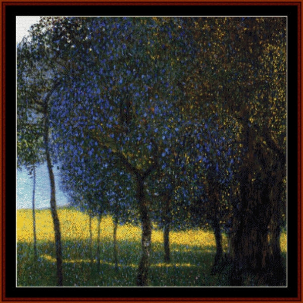 Counted Cross Stitch Pattern by Cross Stitch Collectibles of trees with a yellow field in the background