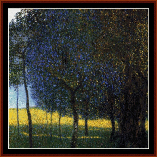 Counted Cross Stitch Pattern by Cross Stitch Collectibles of trees with a yellow field in the background