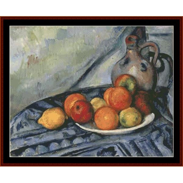 Still life Counted Cross Stitch Pattern by Cross Stitch Collectibles with fruits and a pitcher on a tablecloth