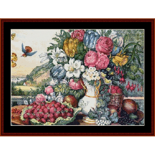 Counted Cross Stitch Pattern by Cross Stitch Collectibles - still life scene with flowers, fruits, and a teapot 