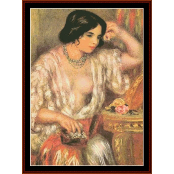 Vintage Counted Cross Stitch Pattern by Cross Stitch Collectibles of a woman in a pink dress with a fur stole, sitting at a table.