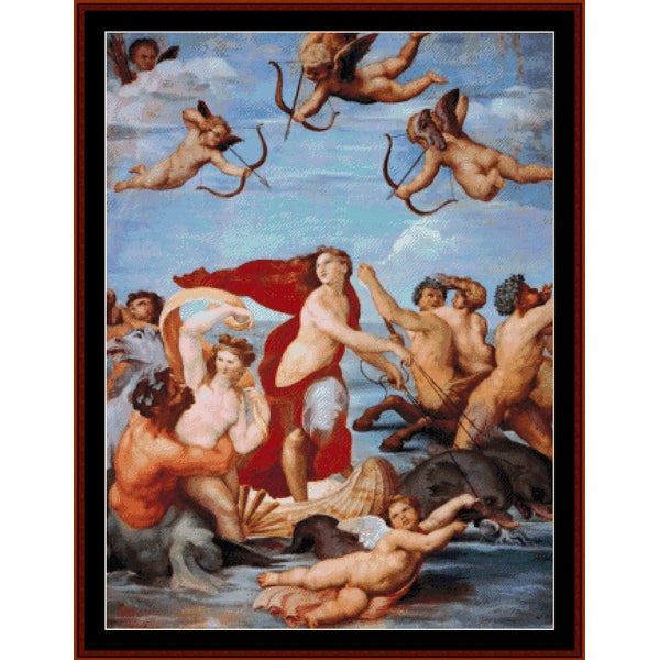 Framed classical Counted Cross Stitch Pattern by Cross Stitch Collectibles of a mythological scene with figures and cherubs.
