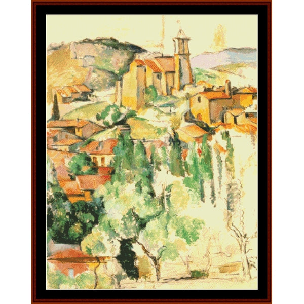 Colorful Counted Cross Stitch Pattern by Cross Stitch Collectibles of a village with a lighthouse and greenery