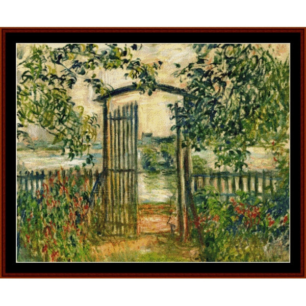 Counted Cross Stitch Pattern by Cross Stitch Collectibles of a garden scene with a wooden gate and flowers