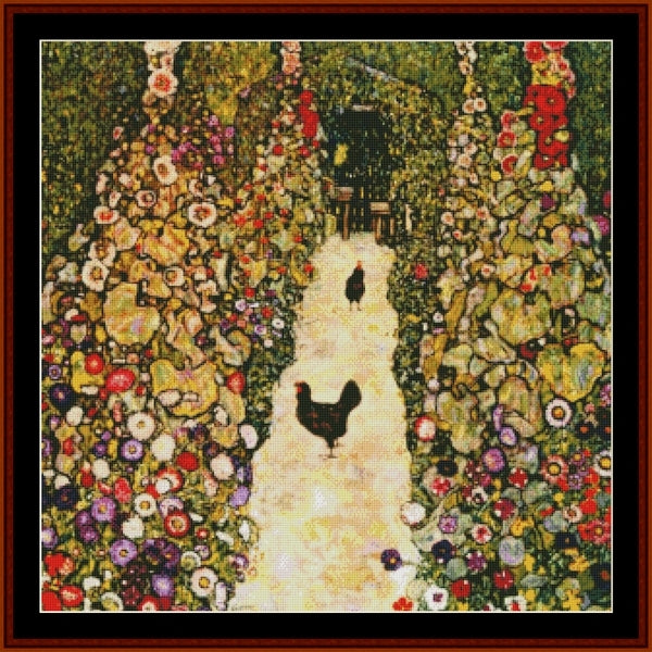 Counted Cross Stitch Pattern by Cross Stitch Collectibles of a garden path with flowers and chickens, inspired by Gustav Klimt's style.
