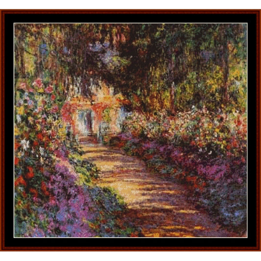 Colorful garden scene with flowers and a path leading to a building - Counted Cross Stitch Pattern by Cross Stitch Collectibles
