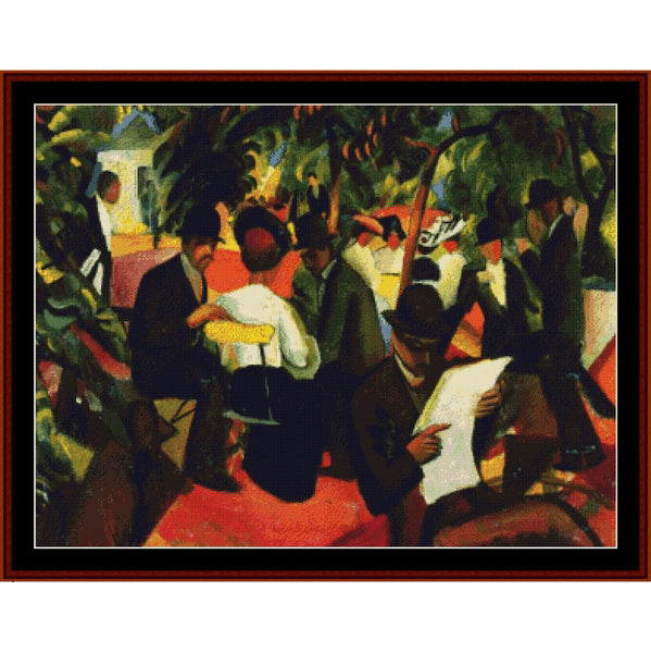 Counted Cross Stitch Pattern by Cross Stitch Collectibles of people in a park with trees and a red ground.
