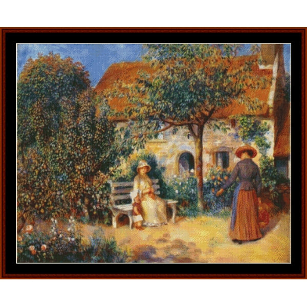 Counted Cross Stitch Pattern by Cross Stitch Collectibles of two women in a garden with a house in the background