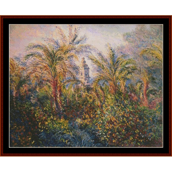 Counted Cross Stitch Pattern by Cross Stitch Collectibles of a tropical landscape with palm trees and a building in the background.