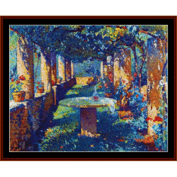 Colorful garden scene with a bench under a tree Counted Cross Stitch Pattern by Cross Stitch Collectibles