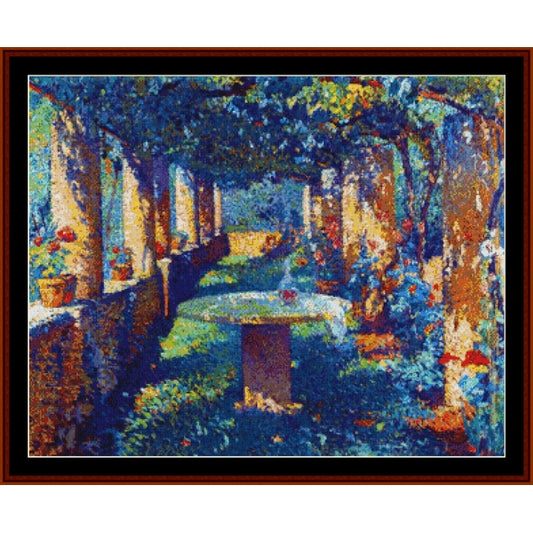 Colorful garden scene with a bench under a tree Counted Cross Stitch Pattern by Cross Stitch Collectibles
