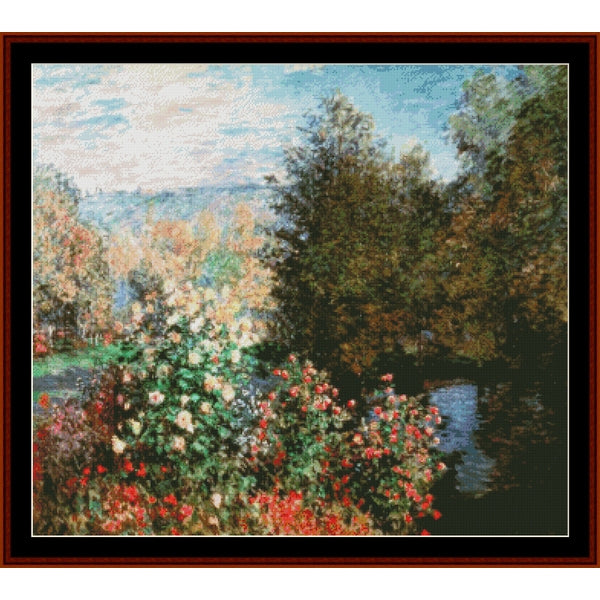 Counted Cross Stitch Pattern by Cross Stitch Collectibles of a garden scene with flowers and trees