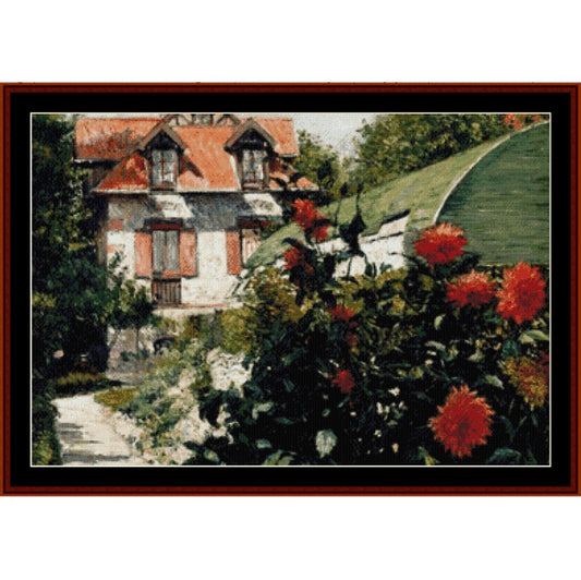 Counted Cross Stitch Pattern by Cross Stitch Collectibles scene of a house with red flowers in the foreground