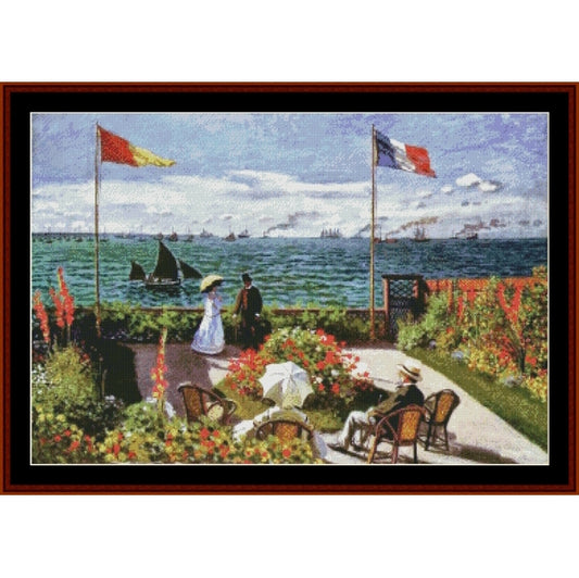 Counted Cross Stitch Pattern by Cross Stitch Collectibles of a garden scene by the sea with people and flags