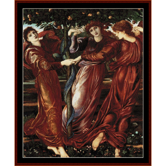 Counted Cross Stitch Pattern by Cross Stitch Collectibles of three women in red robes interacting with each other, set under a tree.