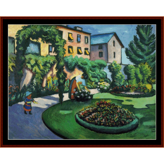 Counted Cross Stitch Pattern by Cross Stitch Collectibles of a garden scene with people and buildings in the background