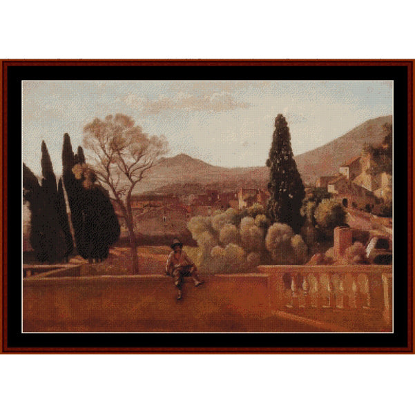Counted Cross Stitch Pattern by Cross Stitch Collectibles of a landscape with a person sitting on a bench, trees, and mountains.