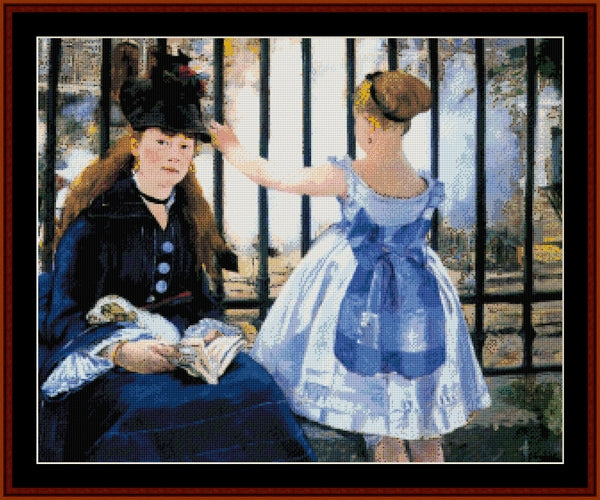 Two women interacting in a scene with bars on the window, one in a dark outfit and the other in a blue dress - Counted Cross Stitch Pattern by Cross Stitch Collectibles