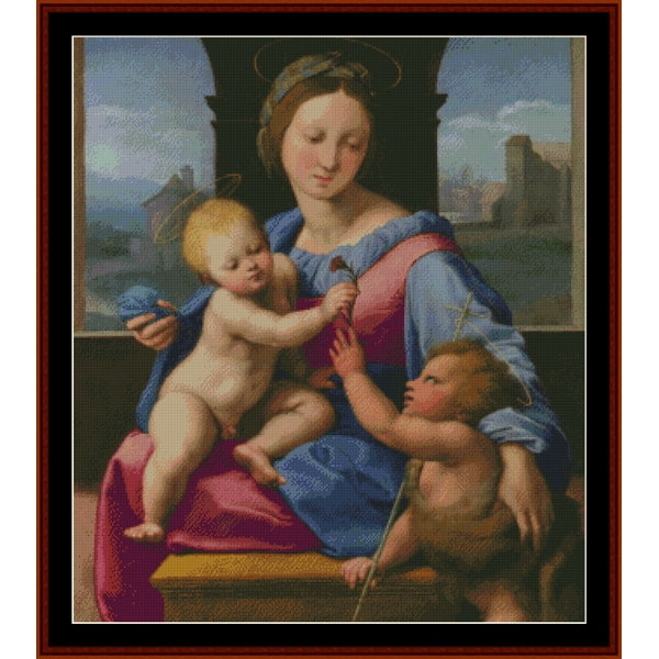 Counted Cross Stitch Pattern by Cross Stitch Collectibles of a woman holding a child with another child at her feet, set against a landscape.